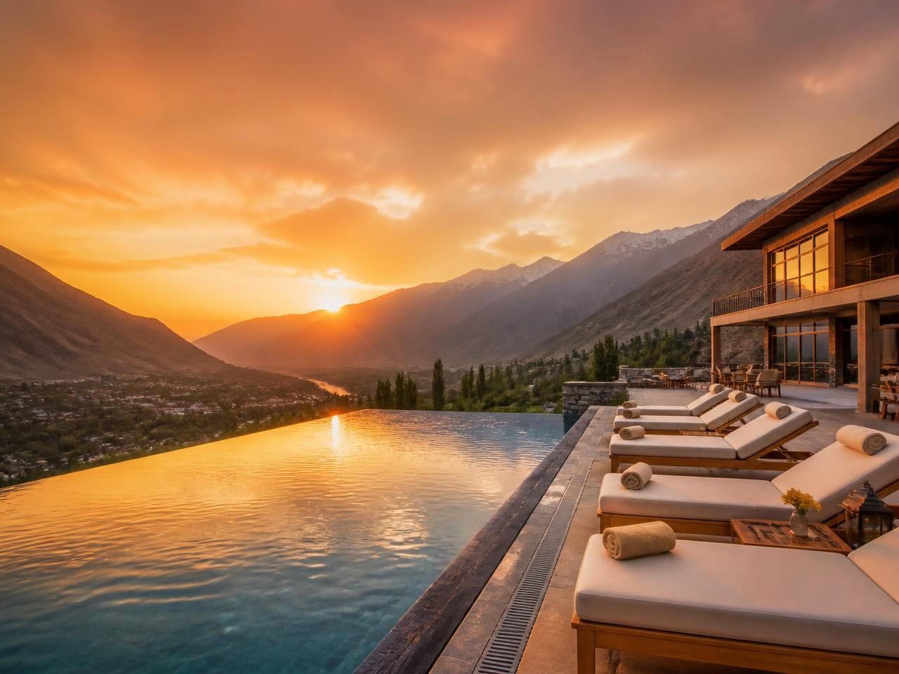 Resort infinity pool at sunset in northern Pakistan