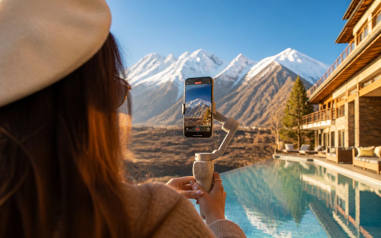 Creator filming a reel at a mountain resort in northern Pakistan