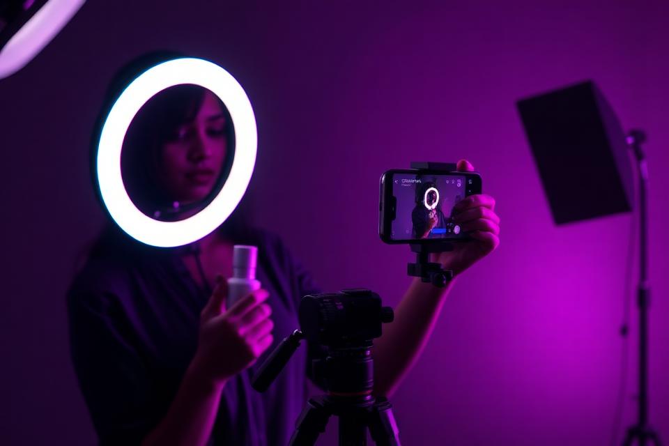 Creator filming a paid skincare brand reel with a ring light