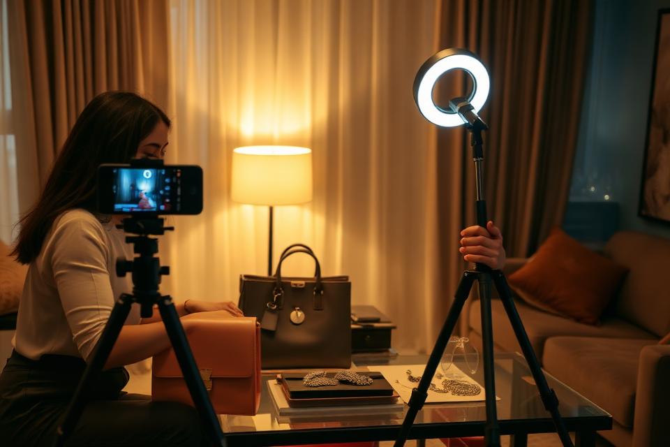 Creator filming a paid fashion brand reel with a ring light